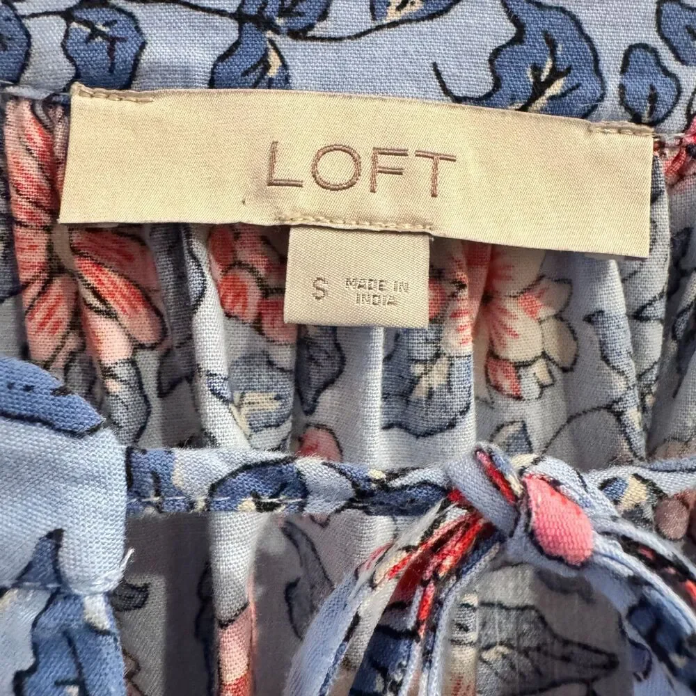 LOFT  Women's Floral Peasant Blouse Blue Pink Puff Sleeve Tie Neck Boho Top S